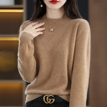100% 퓨어 울 소프트 스웨터 여성용 하프 하이 풀오버, 가을 겨울 캐주얼 니트 탑, 단색 레귤러 여성 니트웨어