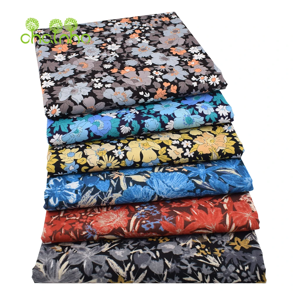 Chainho,Printed Plain Weave Poplin Cotton Fabric,DIY Quilting Sewing Material,Patchwork Cloth,Floral Series,2 Sizes,15PC212