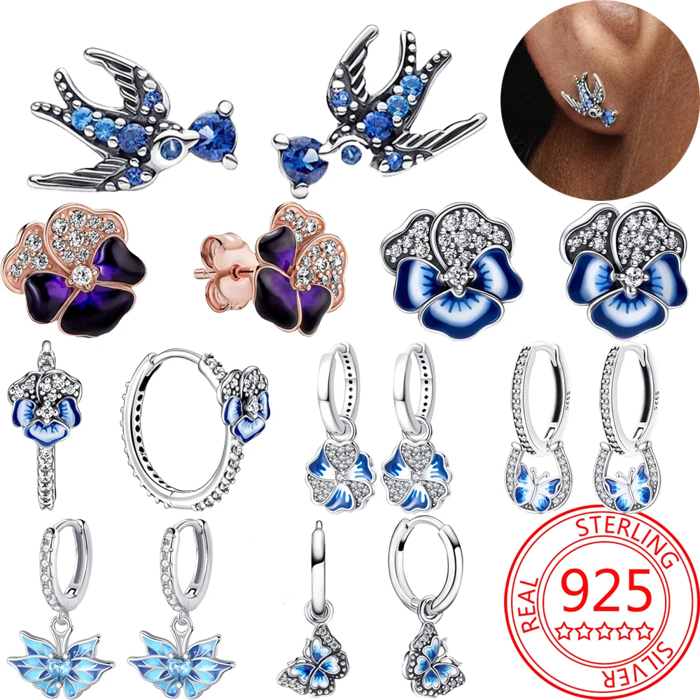 

Plata Charm of Ley 925 925 Sterling Silver Violet Flower&Butterfly Earrings Ladies DIY Jewelry