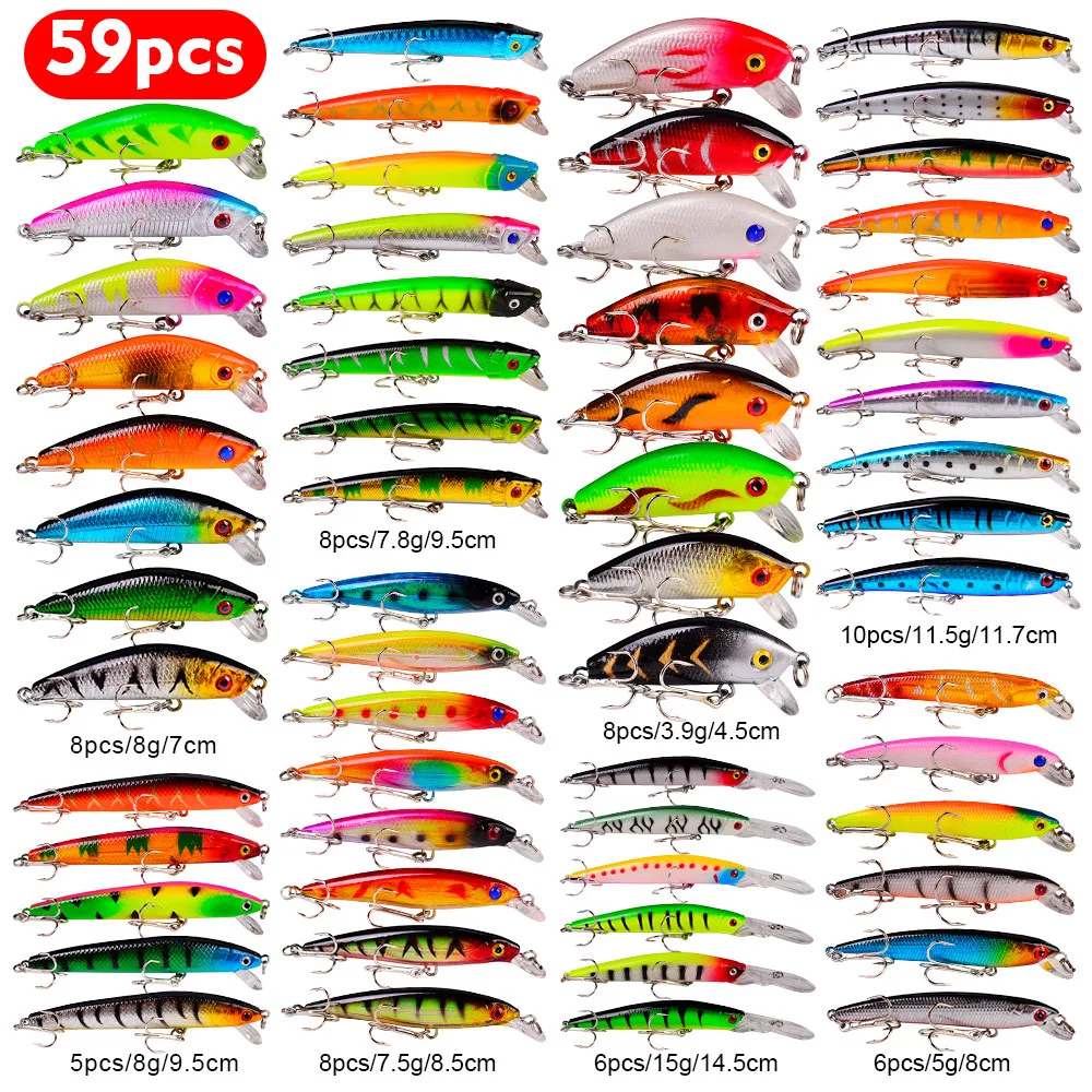 

Fishing Lure Kit 59pcs 3.9-15g 4.5CM-14.5CM Hard Bait Set Fake Bait with Fishing Hook Fishing Tackle Lures Mixed Kit Accessories