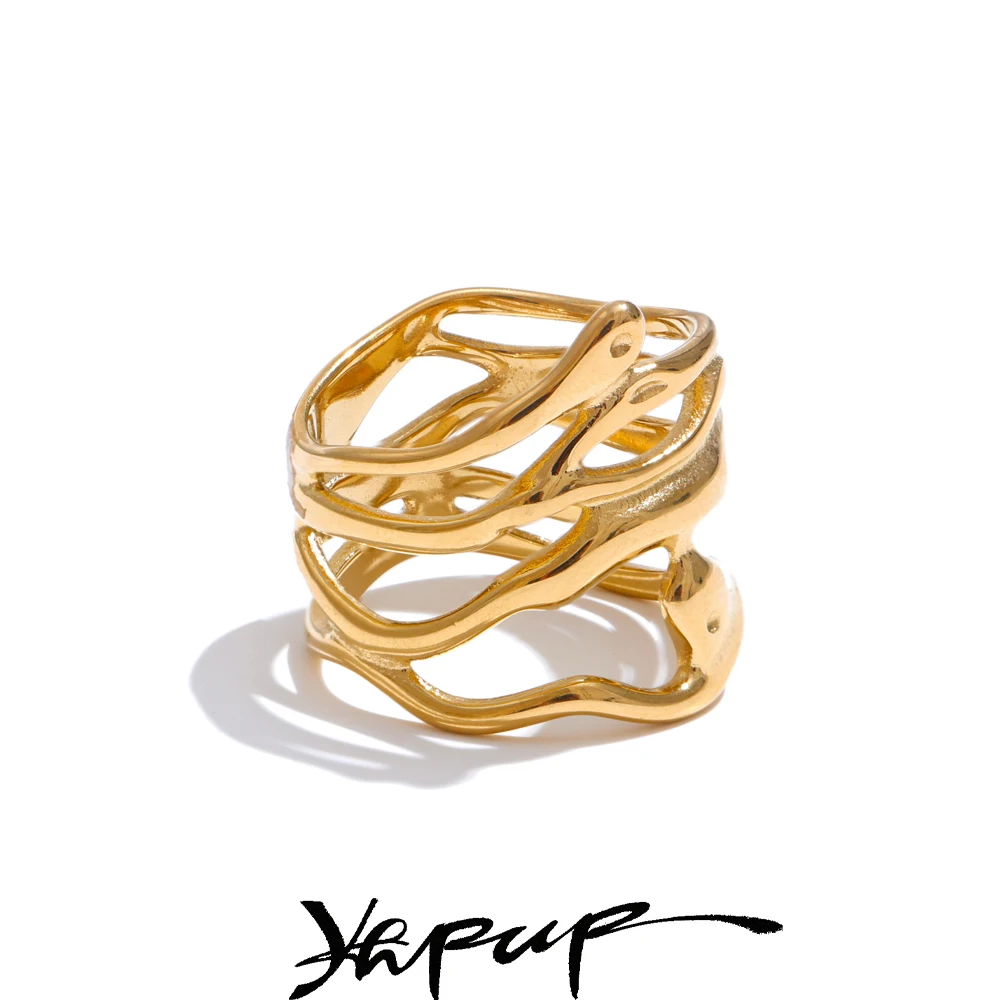 Yhpup # Trendiger 316L Edelstahl geschichteter hohler geometrischer breiter Ring Gold Silber Farbe 18K PVD plattiert Modeschmuck Geschenk