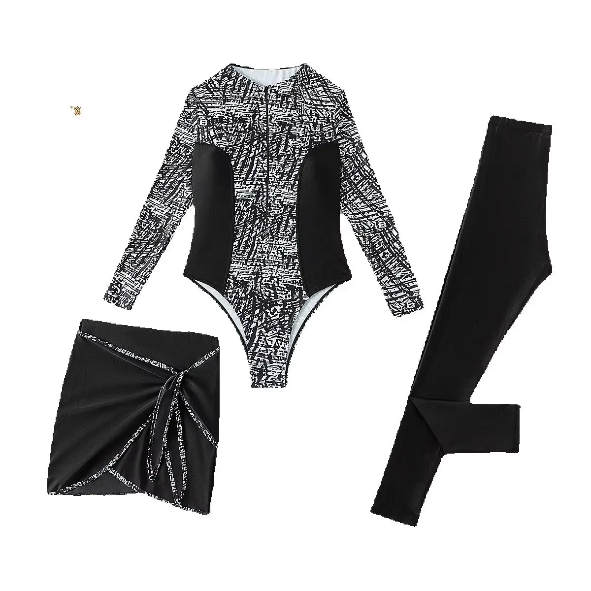 Elegant burkini long-sleeve top with coordinating leggings and sarong