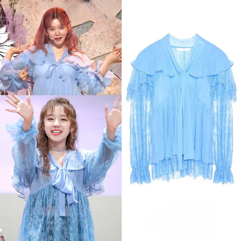 

Kpop Girl Group Jazz Dance Sexy Perspective Lace Chiffon Shirt Women Korean Y2k Street Temperament Patchwork Blouses Loose Tops