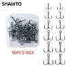 Shawto 50pcs/Lot Treble Fishing Hook Set In Box High Carbon Steel Barbed Hooks Fishing Tackle Black FishHook Fishing Tackle Tool 1