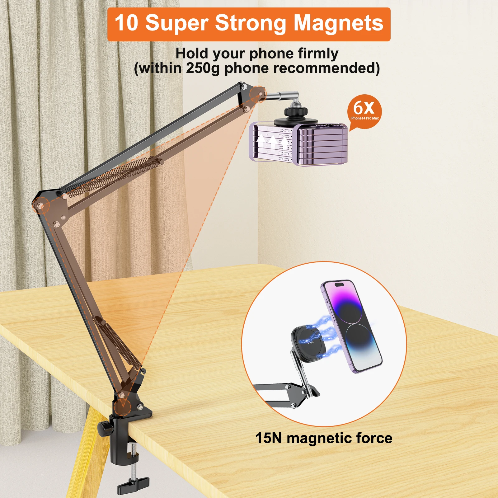 VRIG MG-09 Desktop Overhead Magnetic Phone Mount Stand Flexible Clip-on Tabletop Phone Stand for iPhone 15/14/13/12 Vlog Live