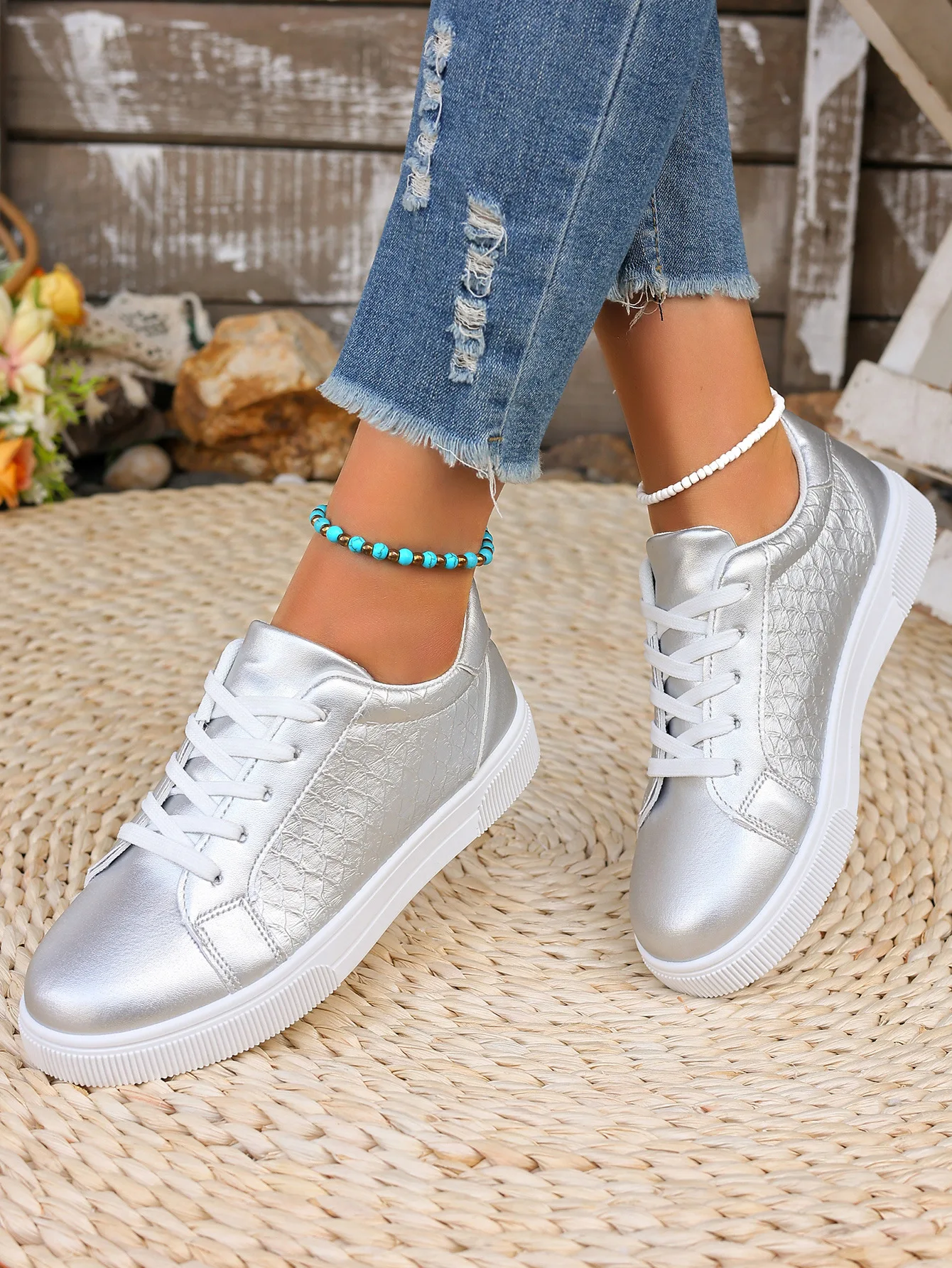 Übergrößen 42 Damen Gold Silber Sneakers Frühling Herbst Neue Damen Mode Schnürschuhe Weiche PU-Leder Boardschuhe Damen Freizeitschuhe – Detail 15
