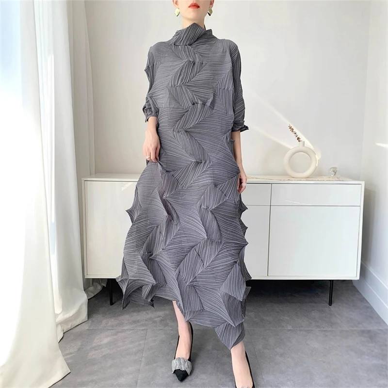 LANMREM Pleated Long Dress For Women Elastic Loose Irregular Pleated Stand Collar Pullover Famale Clothing Half Sleeve 2DB4256 1