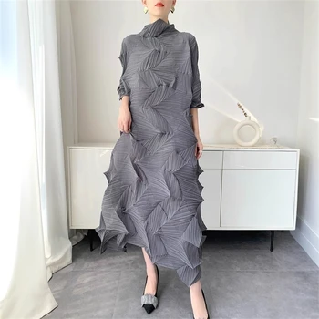 LANMREM Pleated Long Dress For Women Elastic Loose Irregular Pleated Stand Collar Pullover Famale Clothing Half Sleeve 2DB4256 1