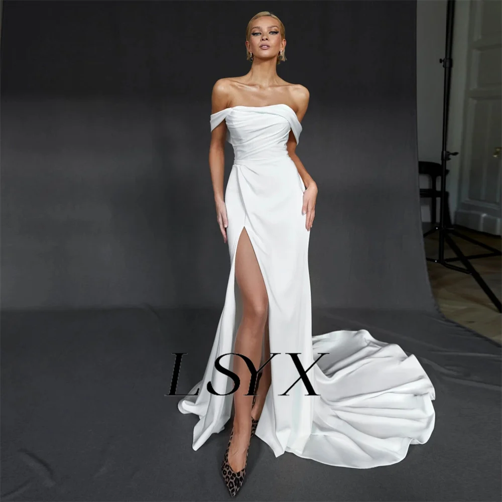 LSYX Boat Neck Off-Shoulder Crepe Pleat White Wedding Dress High Side Slit Zipper Back Court Train Bridal Gown Custom Made