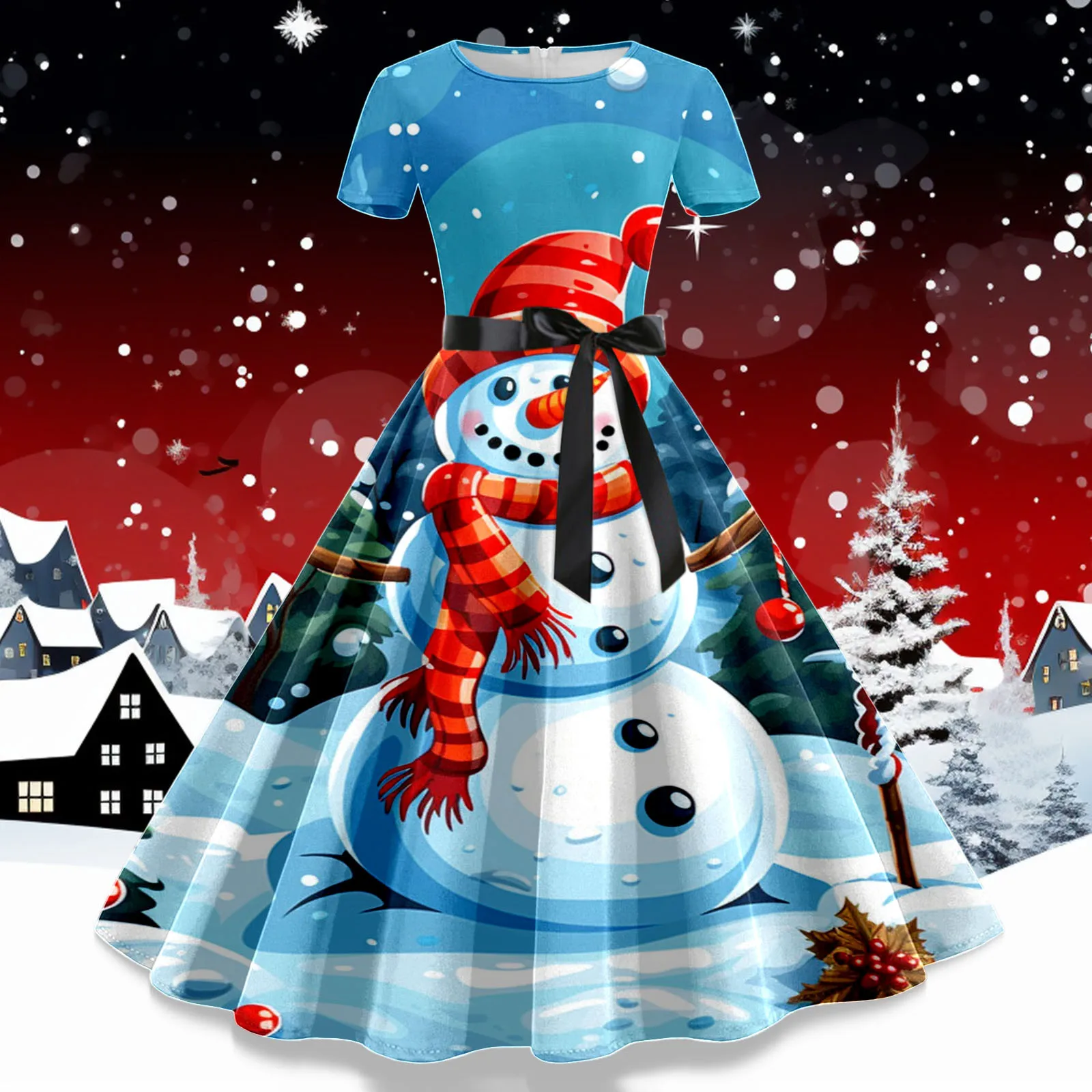 

Women Christmas Print Short Sleeve 1950s Housewife Evening Party Prom Dress Lace Beaded Dress Dress for Women Junior
