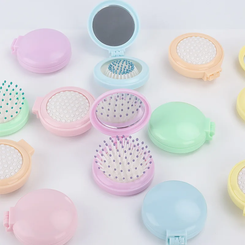 Description Picture 3 of item2Pcs Folding Comb Mirror Set Girl Women Portable Round Pocket Small Travel Massage Hair Brush Mini Pocket Mirror Styling Tools