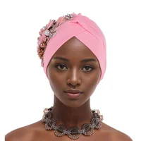 African Auto Gele Headtie Pearl Flower Turban Cap for Women Muslim Hijab Bonnet Hat Nigeria Wedding Party Headpiece Head Wraps