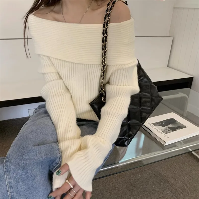 Slash Neck Knitted Sweater Women Sexy Off Shoulder Long Sleeve Pullovers Female Korean Elegant Thicken Slim  Top 4