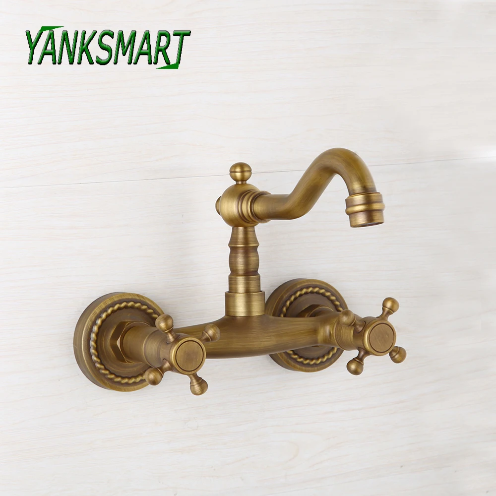 YANKSMART Roman Retro Antique Brass Bathroom Faucets 2 Cross Handles Hot and Cold Torneira Wall Mounted Basin Sink Mixer Tap
