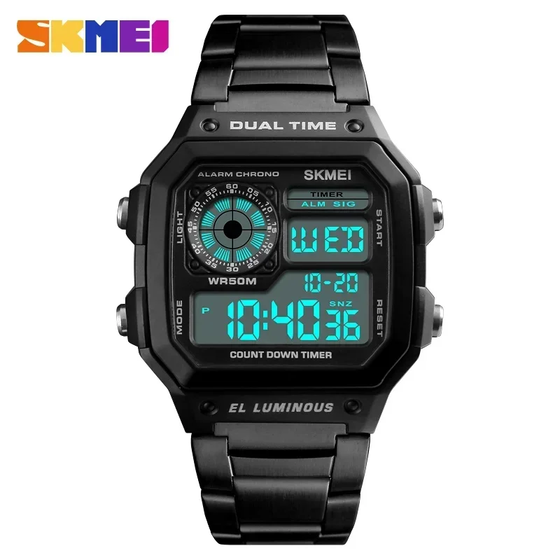 Fabi Store • Reloj deportivo digital SKMEI 1335 para hombres cuadrado  correa acero inoxidable