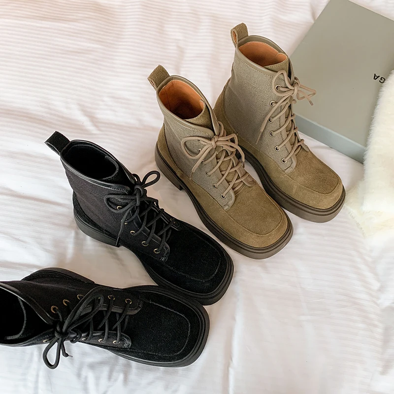 

2023 new Autumn winter women ankle boots natural leather 22-25cm cow suede+pigskin modern boots mixed color lace up ladies shoes