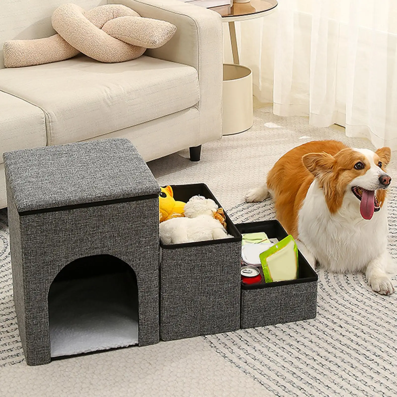 Folding Pet Stairs with Storage Box Non-Slip Pads High Beds Dog Puppy Ramp Dog Stairs for Indoor/Outdoor Travel Cat Steps