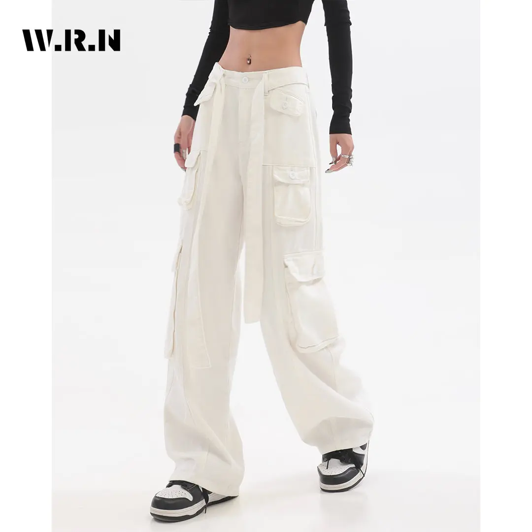 

American Vintage High Waist Solid Color Straight Cargo Pants Women's Y2K Wide Leg Casual Baggy Grunge Streetwear Belted Trouser