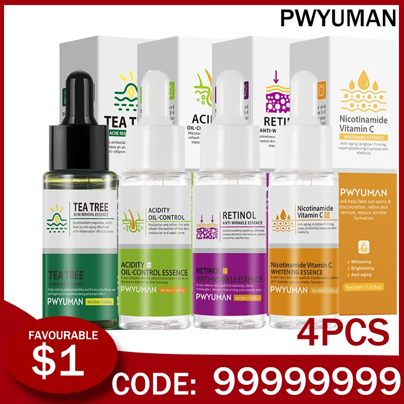 

PWYUMAN Wrinkle Remover Freckles Serum Set Pore Shrinking Acne Treatment Blackhead Essence Firming Whitening Face Skin Care 4pcs