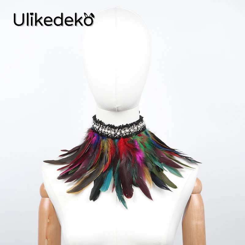 Fake Collar Choker Necklace Detachable Collar Shawl Gothic Feather Choker Collar Punk Cape Shawl Rave Party Halloween Witch Cosplay Feather Fake Collar Artificial Pearl Neck Cover