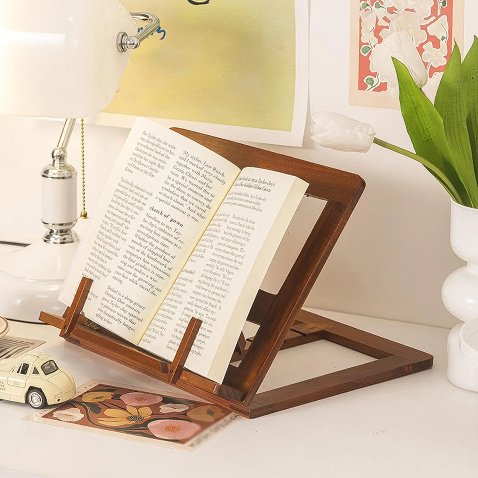 Wood Book Stand Folded Bookend Tray Reading Rack for Kitchen Table Textbook