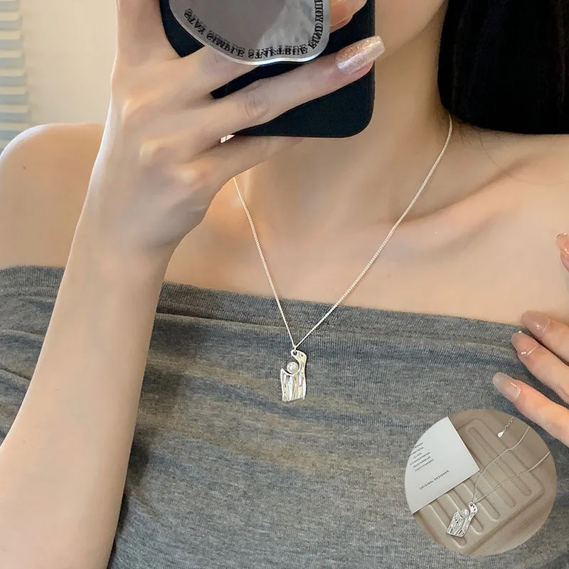 

100% 925 Sterling Silver Pearl Geometric Necklace for Women Girl Fashion Irregular Liquid Lava Jewelry Party Gift Dropshipping