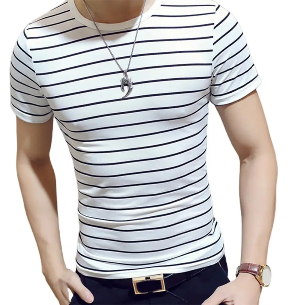 Men T-shirt Contrast Color O Neck Short Sleeve Stripe Print Formal Summer Base Top Male Clothes