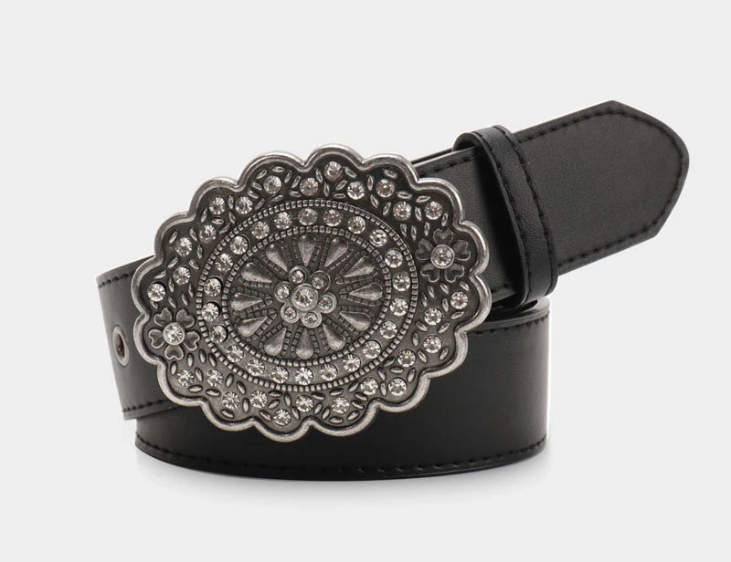 Boho-Stil Damen Schwarzer Gürtel Gothic Vintage Jeans Accessoires Y2k Mädchen Edelstein Schnalle Gürtel Hip Hop Punk Pu Leder Breiter Bund – Detail 6