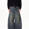 American Retro Washed Knife Edge Jeans Men Loose Casual Straight Leg Wide Leg Long Pants Design Sensation Loose Fit Jeans