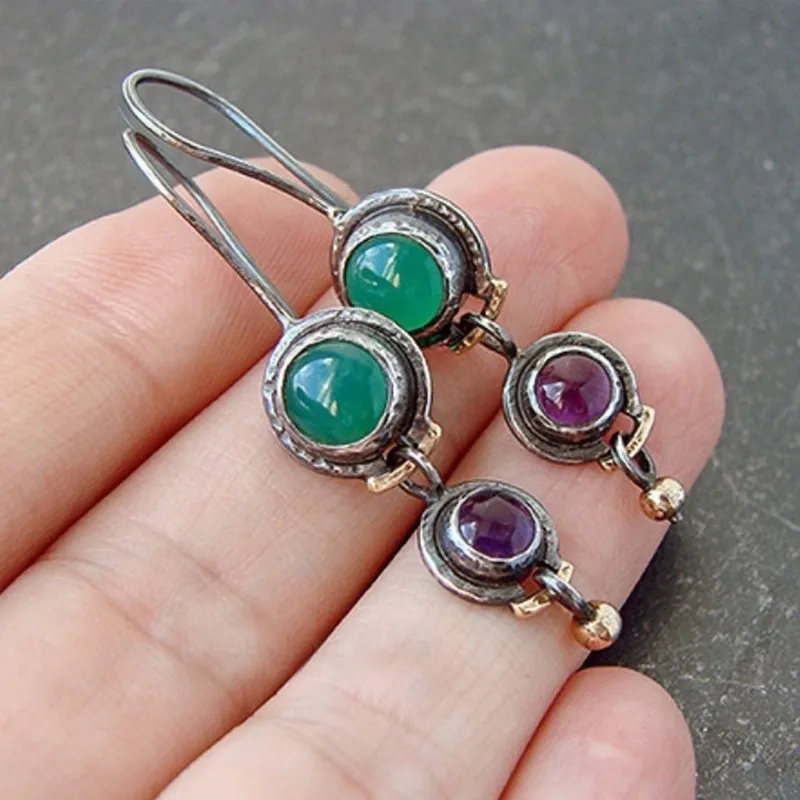 

New Fashion Colorful Jasper Earrings Women Vintage Faux Onyx and Amethyst Earrings Jewelry