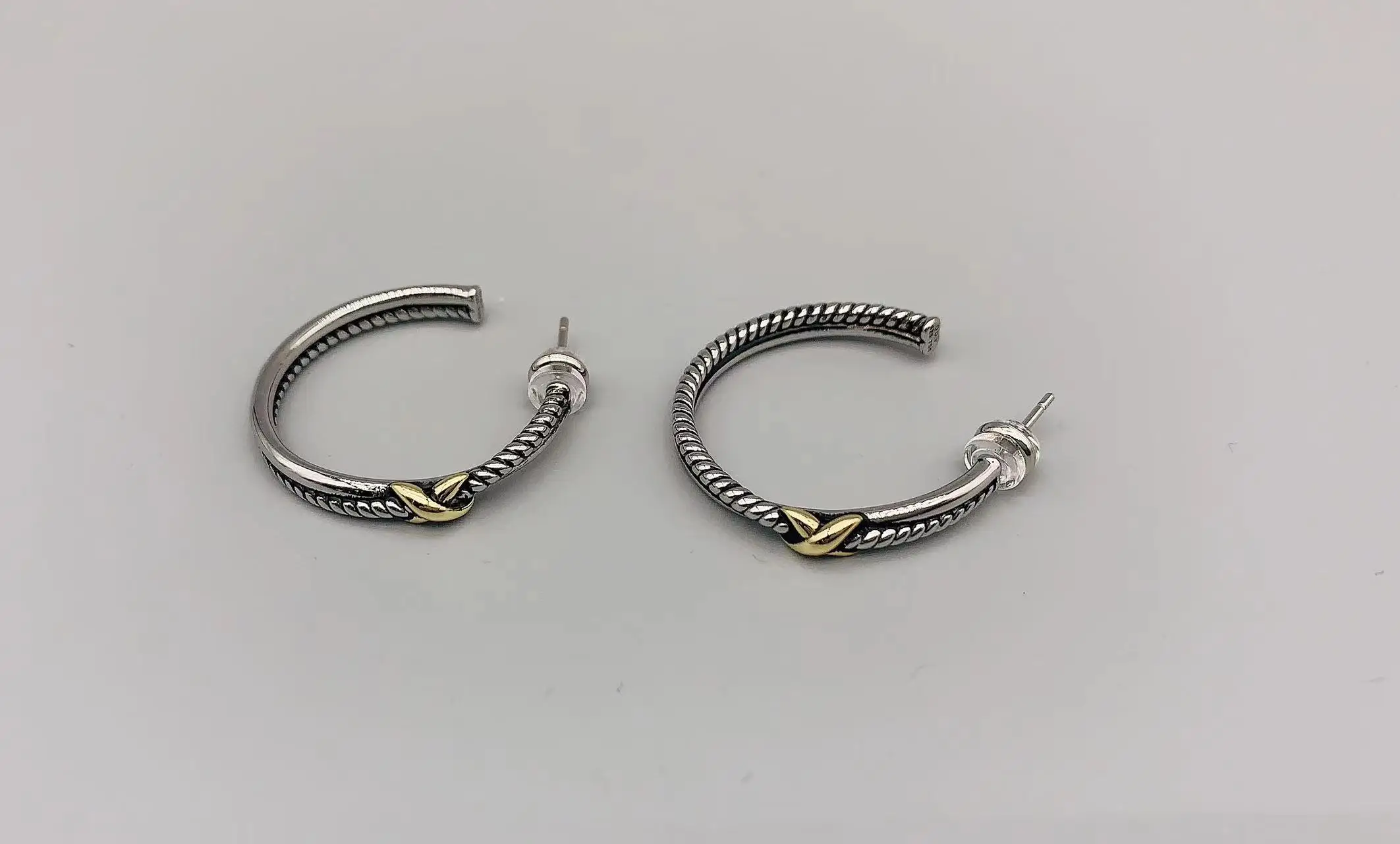 Le Han Jewelry Cable Silver  X  Station  With 18k Gold Plated  Hoop Earring 35MM