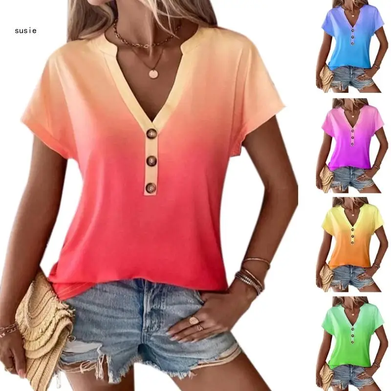 

X7YA Women Summer Henley Shirt V Neck Button up Tunics Top Short Sleeve Blouse Tshirt