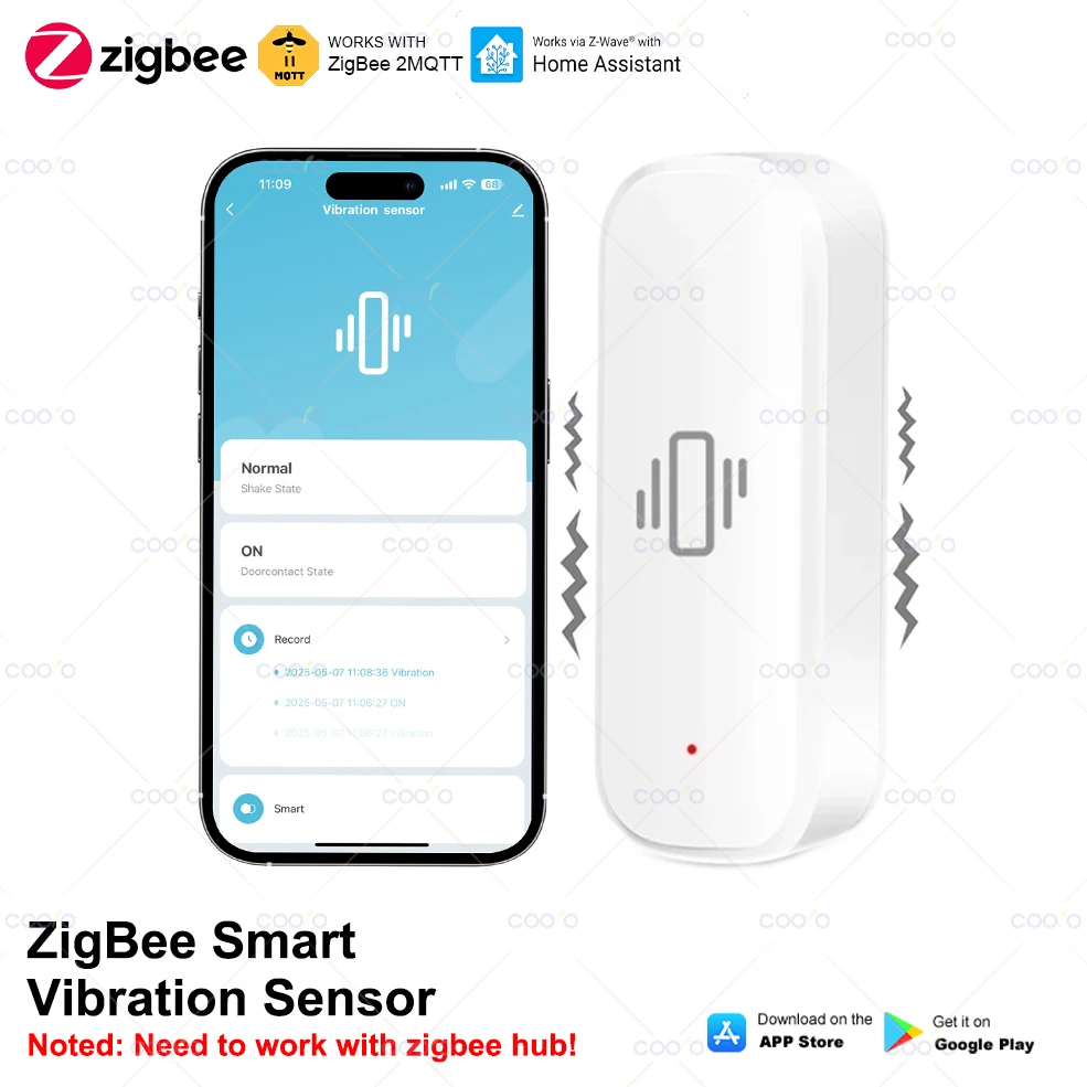 Sensore di vibrazione intelligente Sensore ZigBee Monitor App Controllo Protezione di sicurezza Sensore Zigbee Allarme shock di movimento Supporto Z2M