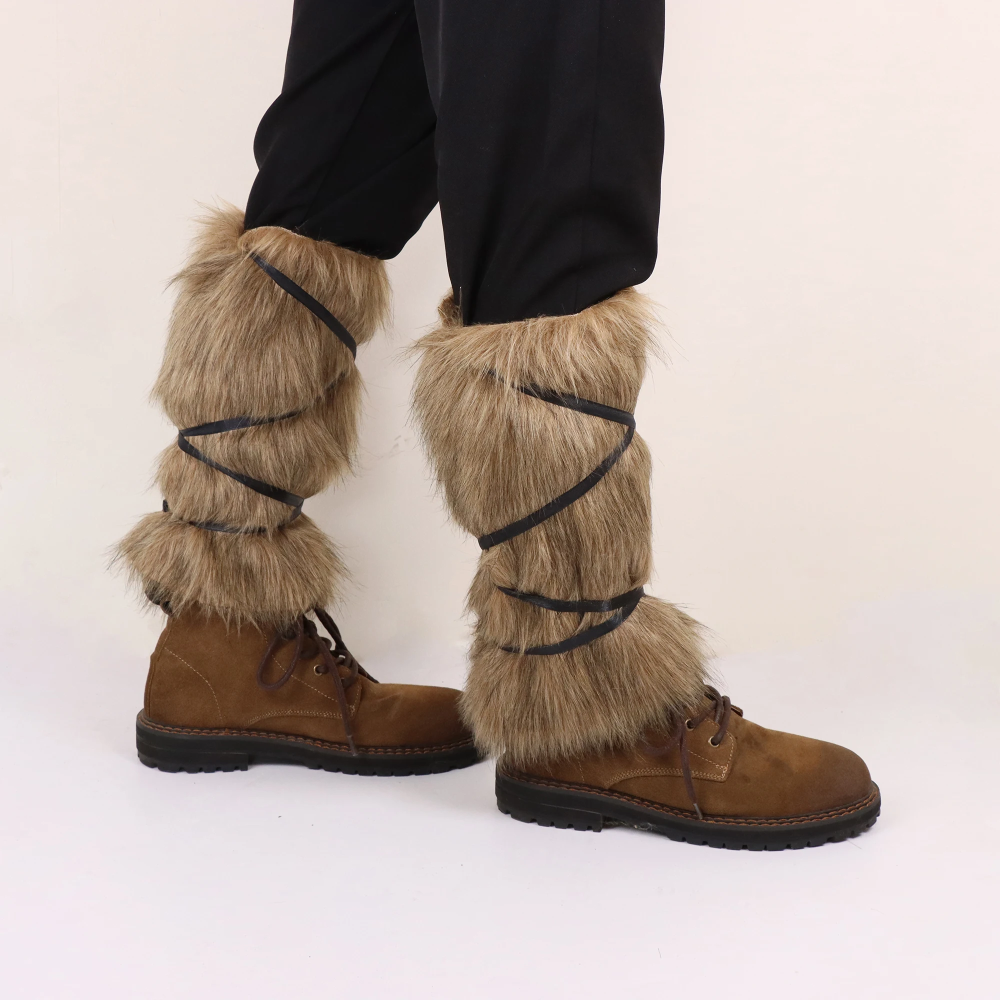 Men's Medieval Faux Fur Warm Leggings with Viking Cosplay Accessories