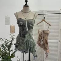 ISAROSE 2025 Mesh Camisole for Women Stretch Casual Tie Dyeing Braless Sleeveless Adjustable Straps Asymmetrical Ruffle Tops - Image 3