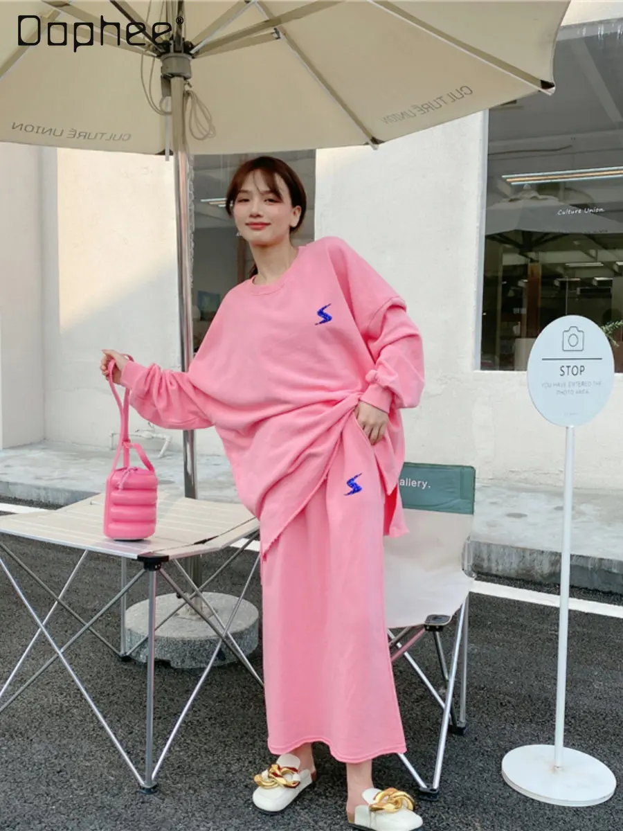 

2023 Spring and Summer Leisure Fashion Suit Girls' Dead Loose Round Neck Sequins Hoodie + Slit Half-Length Skirt Two-Piece Set