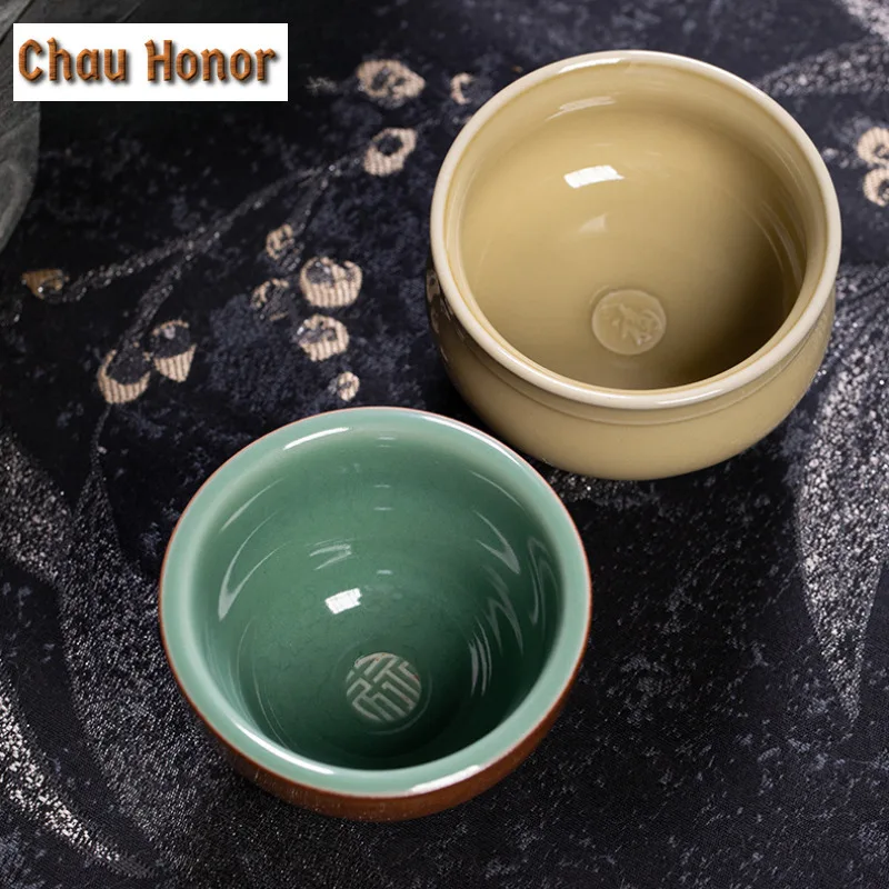 4pc/set Longquan Celadon Fortune Longevity Teacup Aesthetic Tea Bowl Tea Pair Tea-tasting Smelling Cup Chazhan Master Cup Teaset