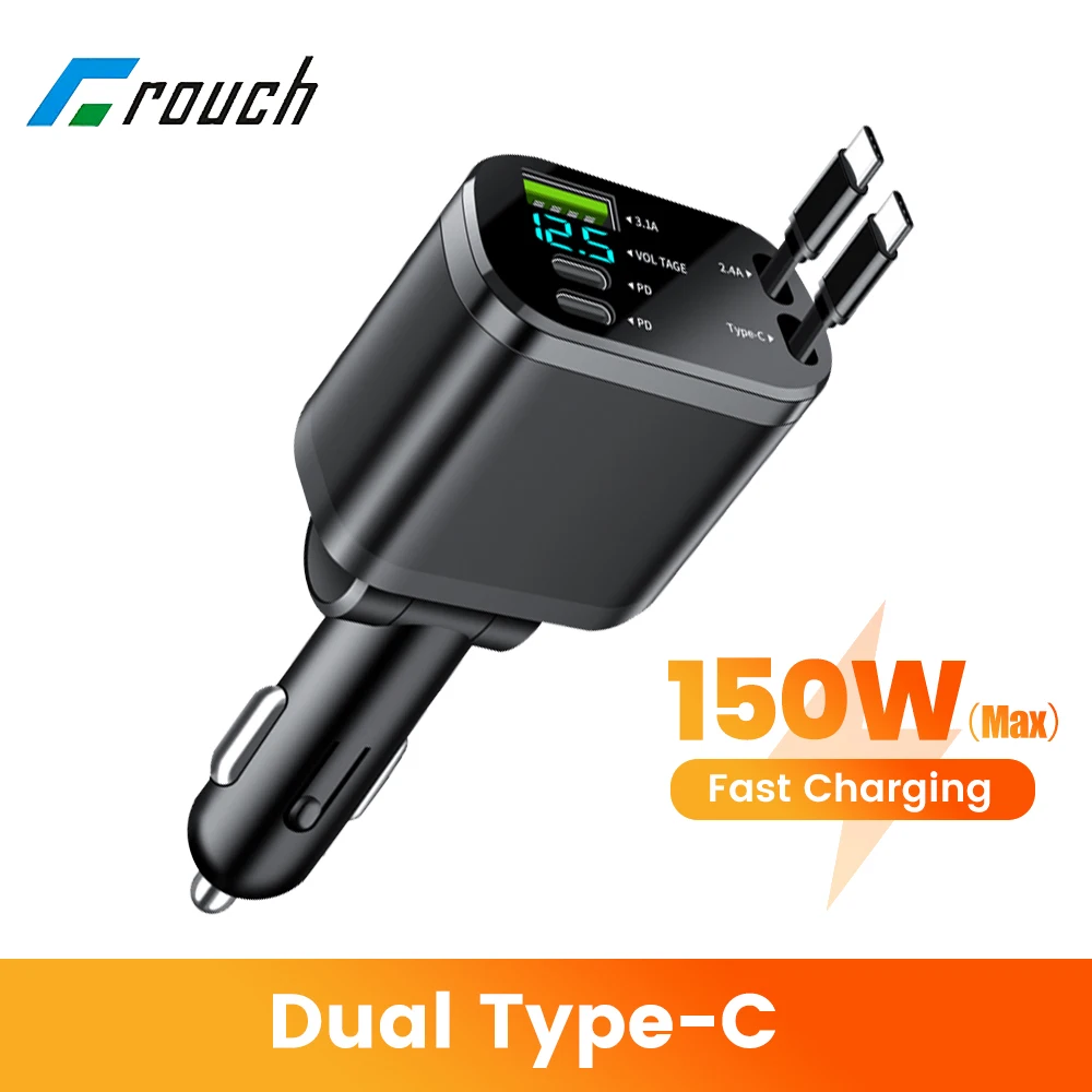 150W Car Charger Retractable Dual Type C Cable for iphone Xiaomi Huawei Samsung car charger