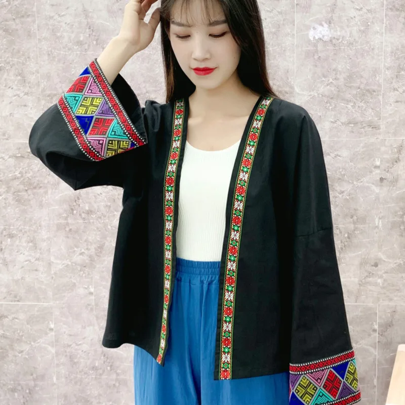 에스닉 스타일 짧은 여성 자수 가디건, 루즈 긴팔 코튼 린넨 패션, 중국 빈티지 재킷, 봄 신상 2022