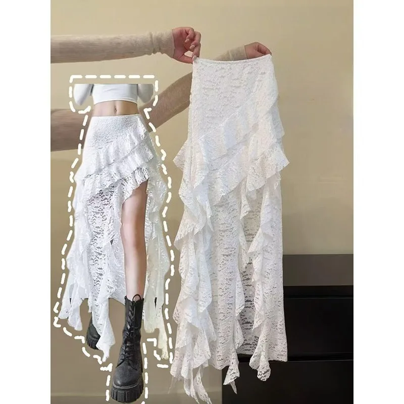 2025 Autumn New Women Clothing Black Skirts Sexy High Waist Lace Ruffles Patchwork Irregular Y2k Skirts Party Clubwear 6