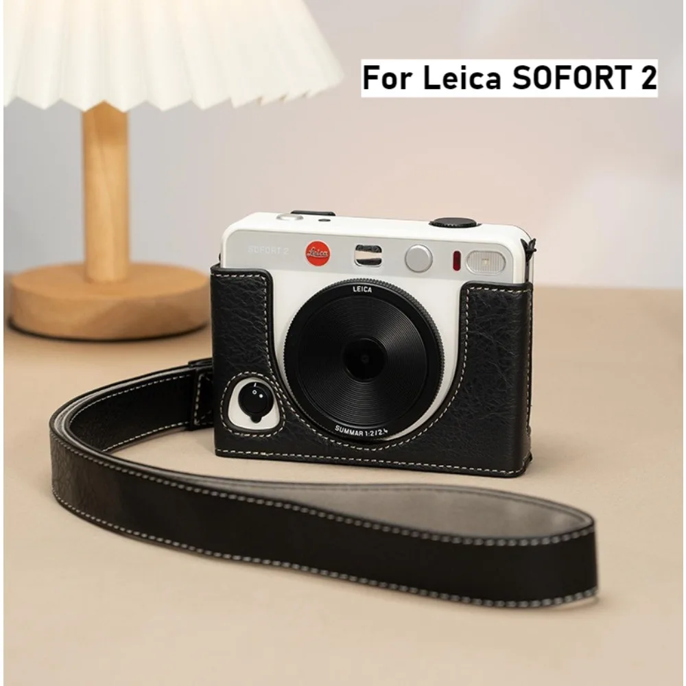 Premium Leather Camera Bag with Shoulder Strap for Leica Sofort 2 - Protective Case Cover with Base Grip Handle