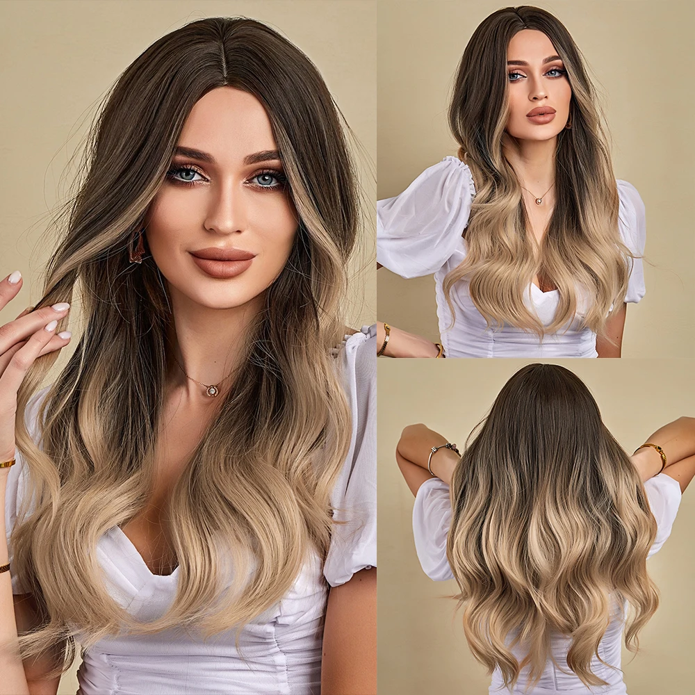 

oneNonly Long Wavy Women's Wigs Omber Brown Blonde Wig Natural Daily Synthetic Wigs Heat Resistant Fiber Hair