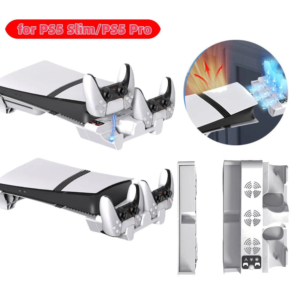 Horizontal Charger Station Cooling Stand for PlayStation 5 Slim/PS5 Pro Games Consoles Cooling Stand with 3-Level Fan