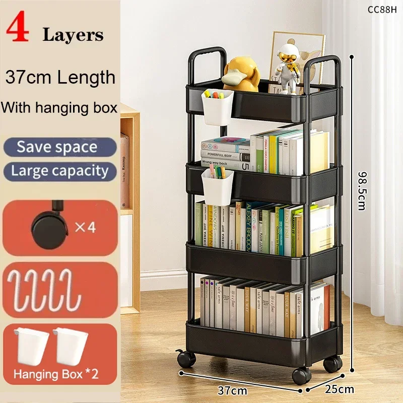Muti-Tier Rolling Utility Cart Buckets Hooks Book Storage Rack Brakes Easy Assembly Kitchen Office Bathroom storage rack