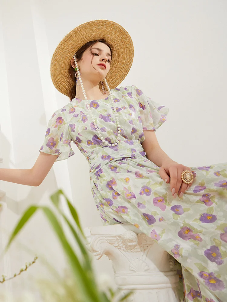 

French Pastoral Romantic Fragmented Flower Dress Summer Women's Waist Wrapped Kikyo Tea Break A-line Skirt Long Dress