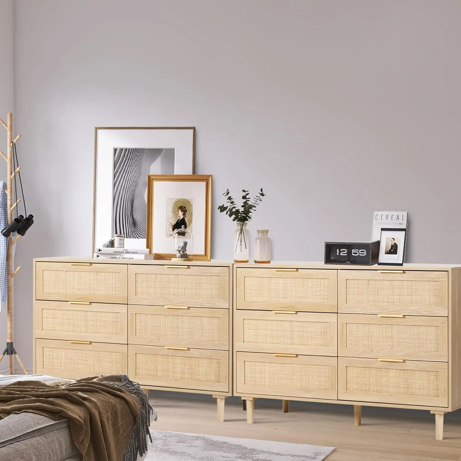 

Rattan Dresser for Bedroom, Modern 6 Drawer Double Dresser with Gold Handles, Wood Storage Chest of Drawers for Bedroom,Hallway