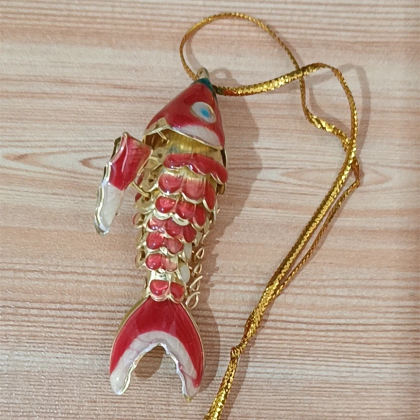 Red Vintage Chinese Cloisonne Enameled Colorful Gold Fish key chain 
