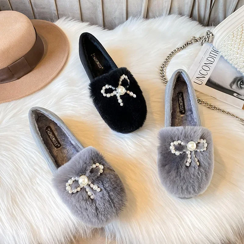 Thick Sole Round Toe Warm Plus Velvet Cotton Shoes Women Fashion Bow Tie Anti-slip Pearls Loafers Plus Size  Zapatillas 2023