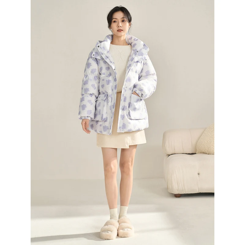 INMAN Women Hooded Down Jacket Winter Long Sleeve Loose White Duck Down Coat Flower Jacquard Adjustable Waistband Chic Outwear
