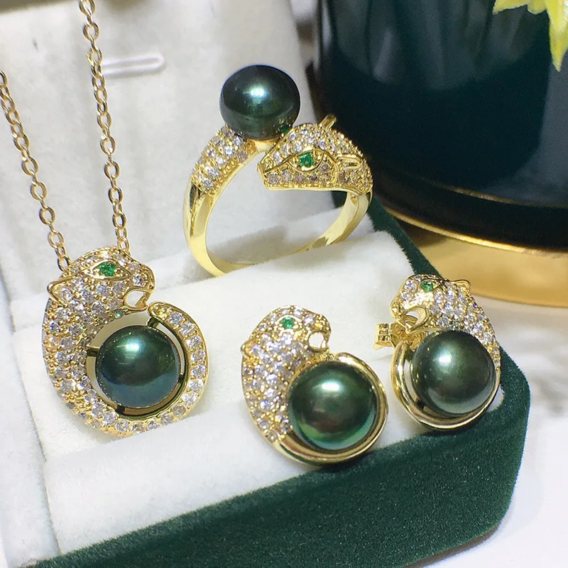 

one Set freshwater pearl white/yellow/black earring ring pendant NECKLACE green leopars zircon